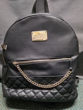 bebe Black Quilted Faux Leather Backpack with Gold Chain Accent